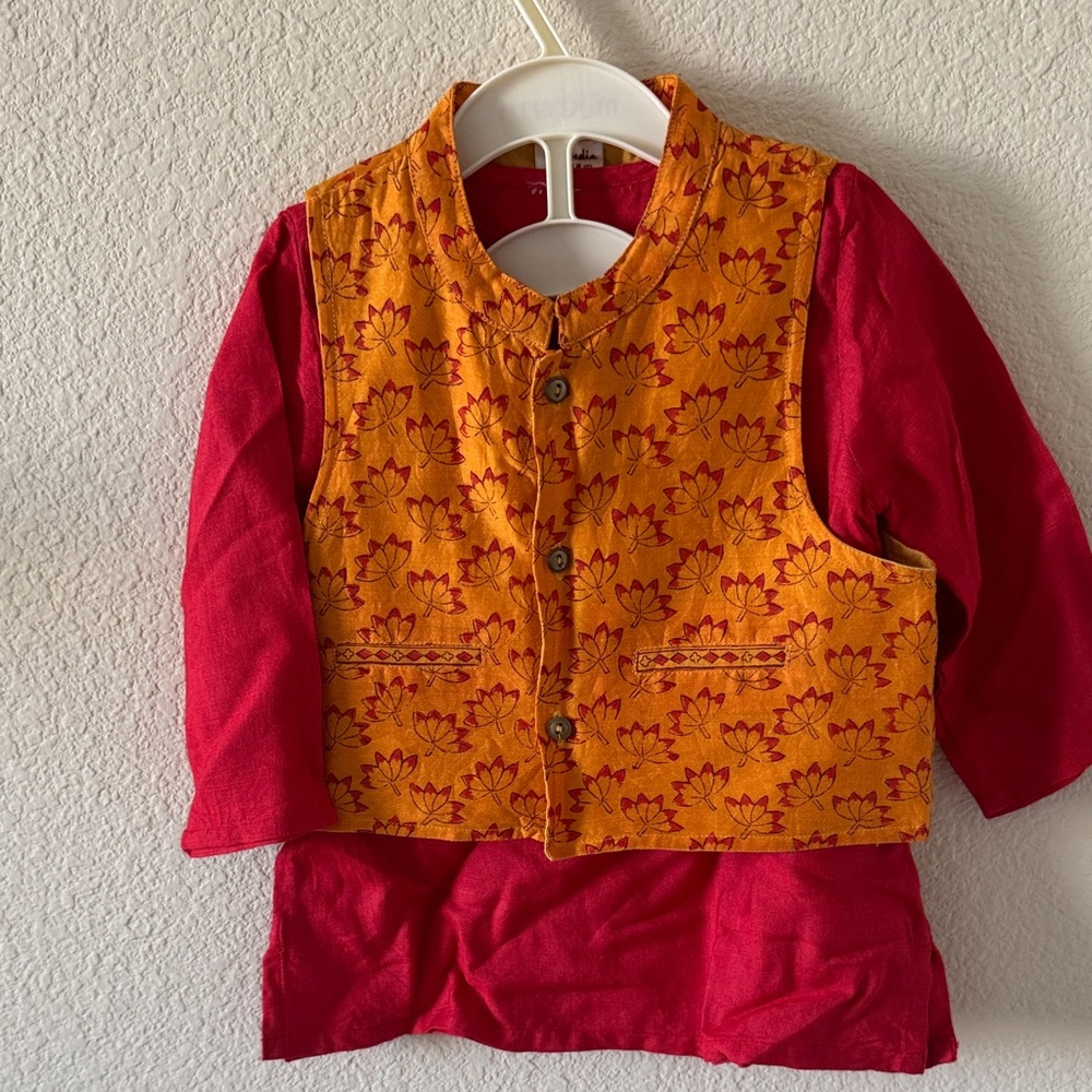 Red and Orange Floral Vest with Shirt (Kurta Set)
